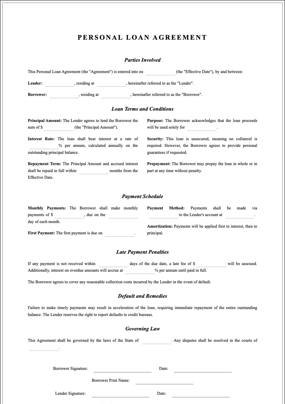 Personal loan agreement form with signature lines_variant_2